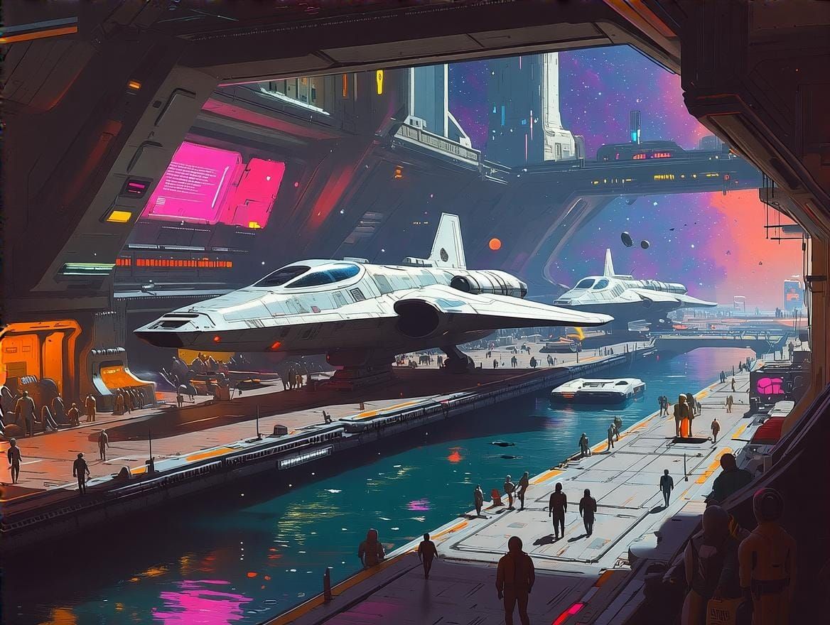 Futuristic Space Harbor with Alien Docks in Neon Style