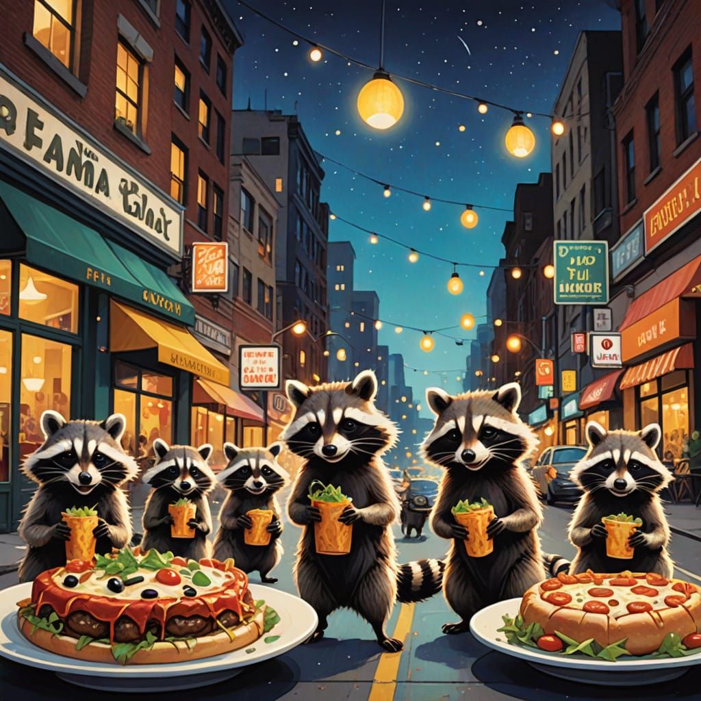 Vibrant Cartoon Raccoons Enjoy Meatball Subs in City Streets