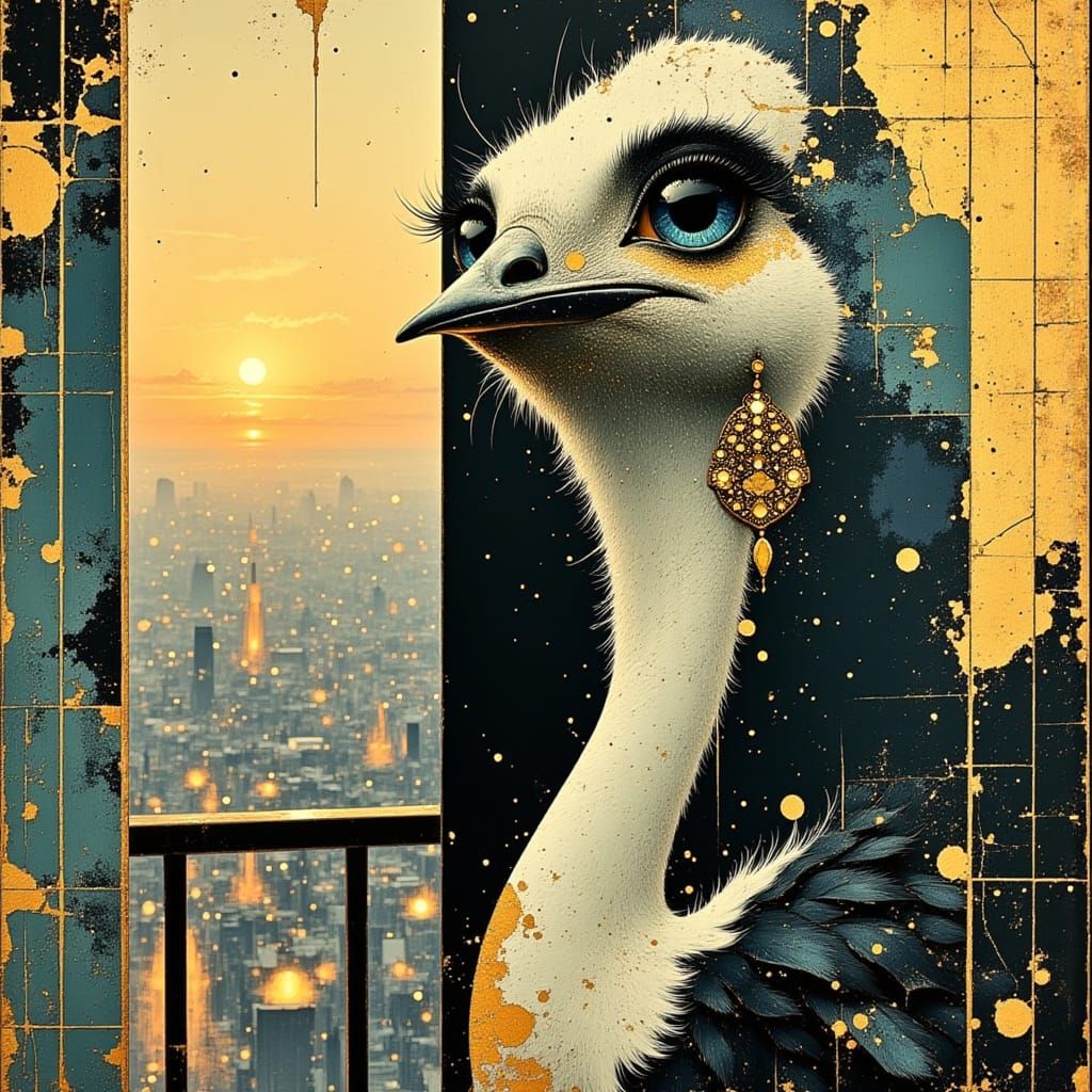 Elegant Ostrich in Art Deco Glamour on Parisian Balcony