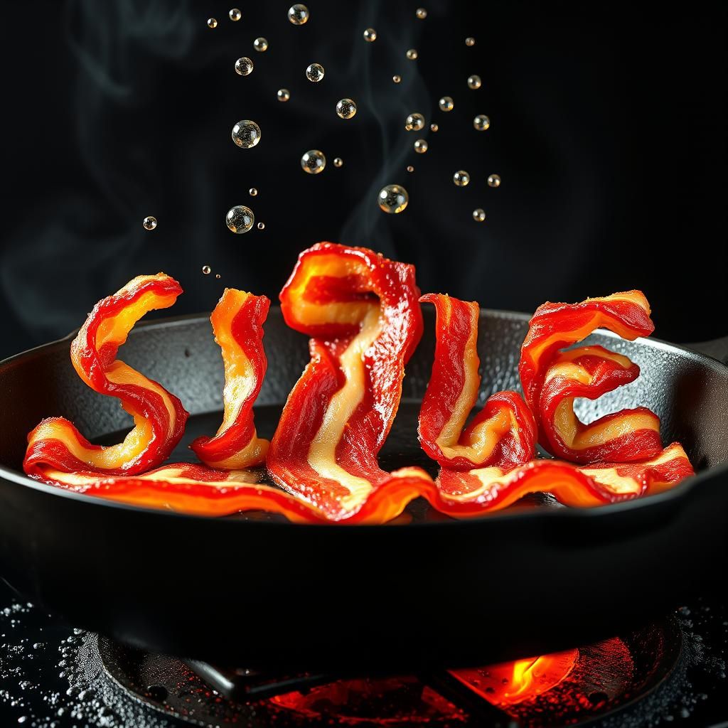 Sizzling Bacon Spelling on Skillet: Food Photography