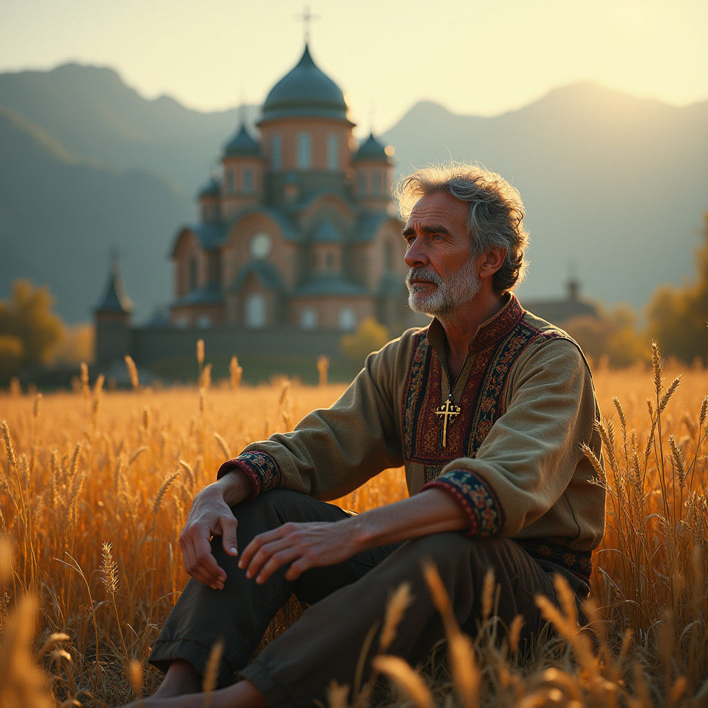 Mystical Russian Man in Wheat Field, Digital Painting