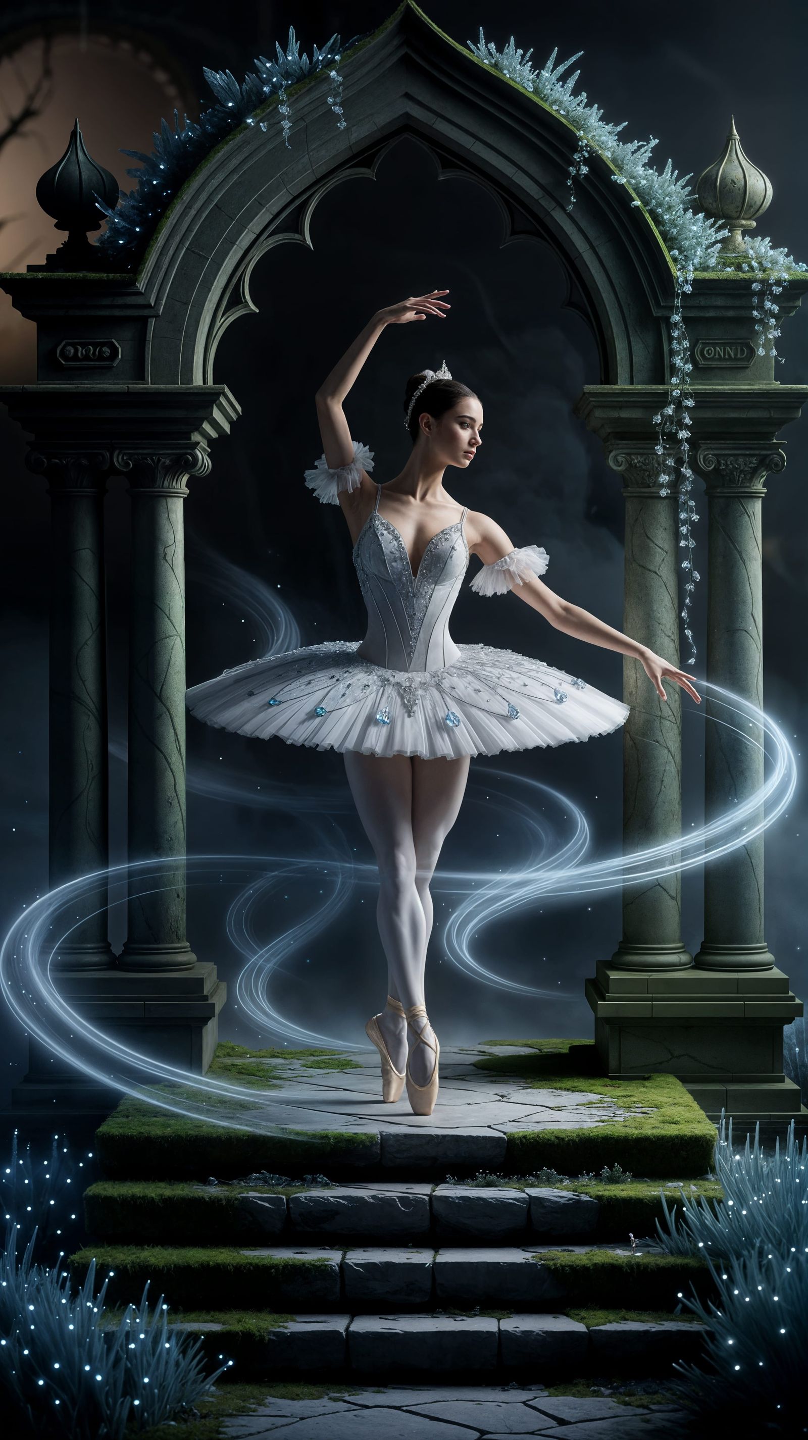 Ballerina Pirouettes in Moonlight Gown on Ancient Altar