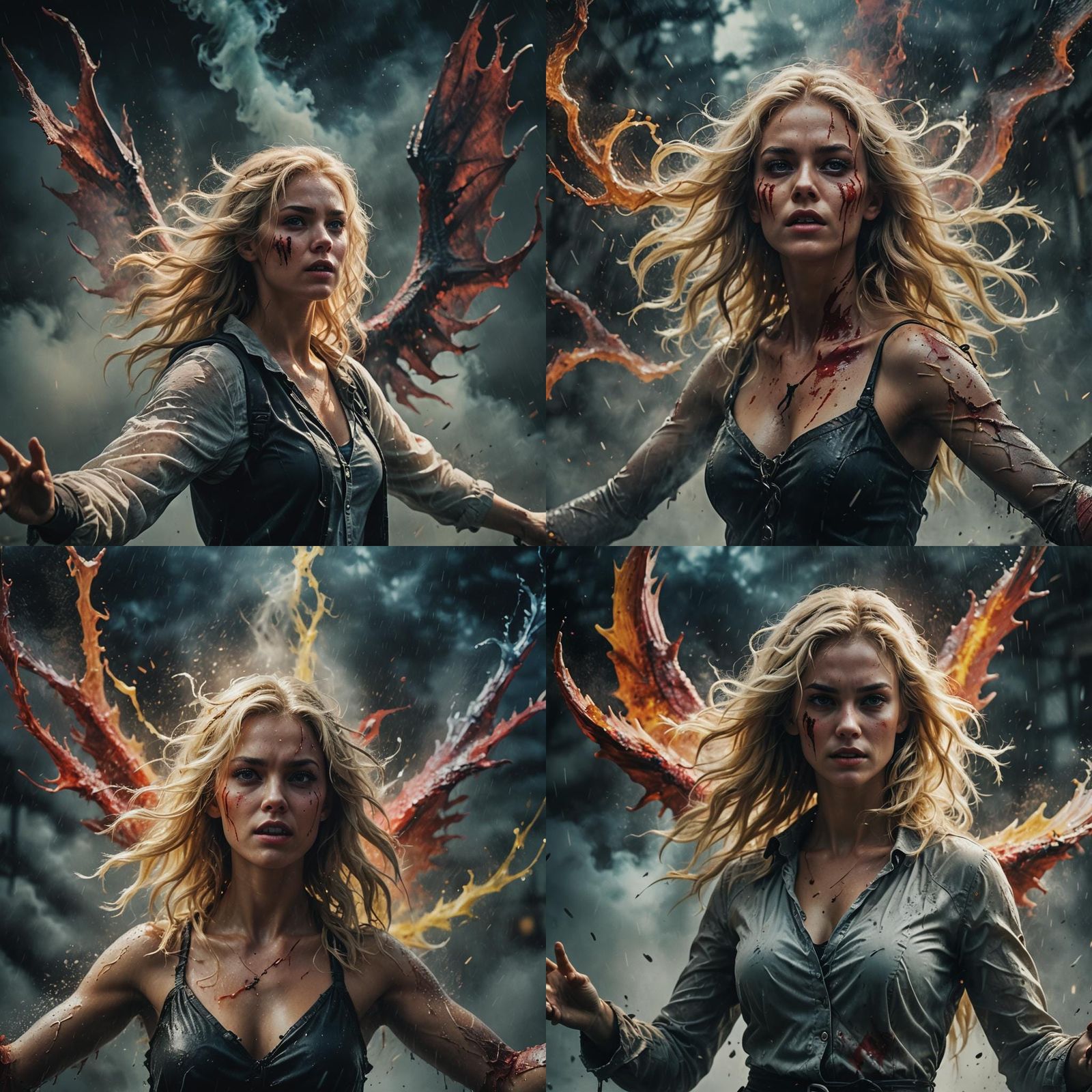 a beautiful blonde woman, half angel, half devil, Hype reali...