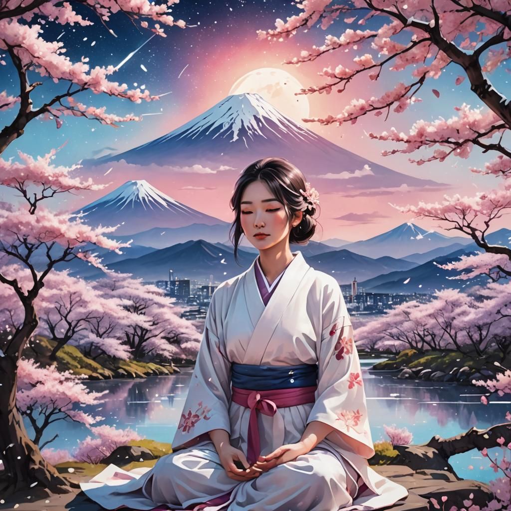 Japanese Girl Meditating in Cherry Blossom Field