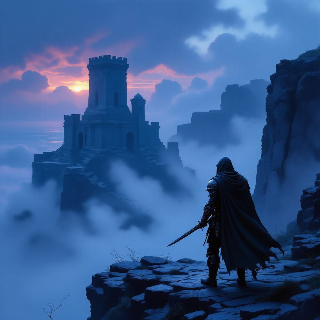 Mercenary on Cliff Overlooking Foggy Ruins in Dark Fantasy S...