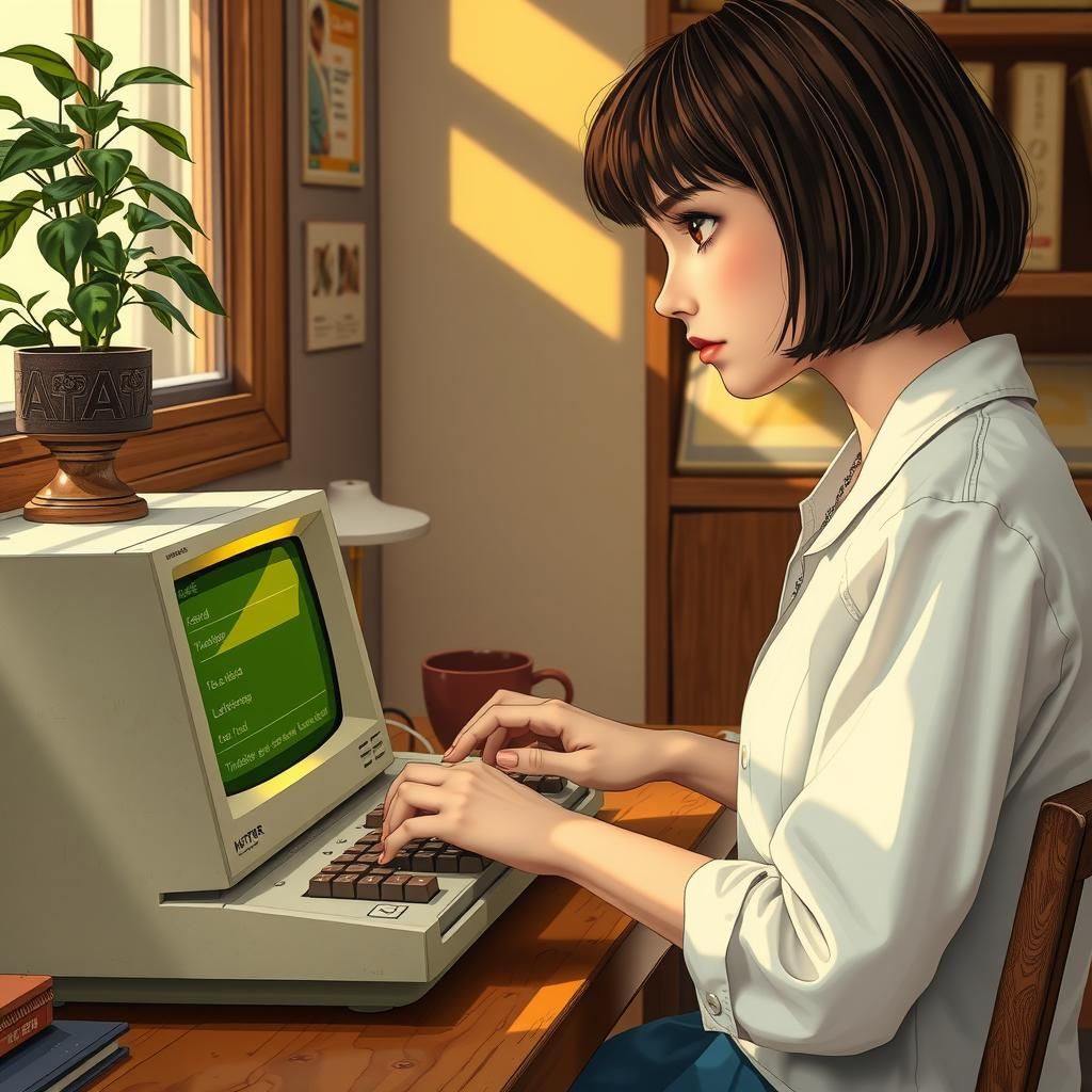 Girl Coding on Vintage Computer in Syd Mead Style