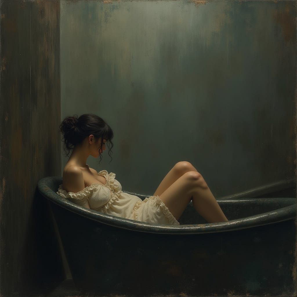 Intense Emotional Bathroom Scene in Romanticism Style