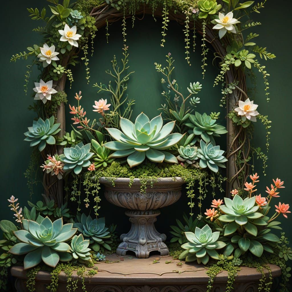 Succulent Altar With Honeysuckle In Digital Painting Style