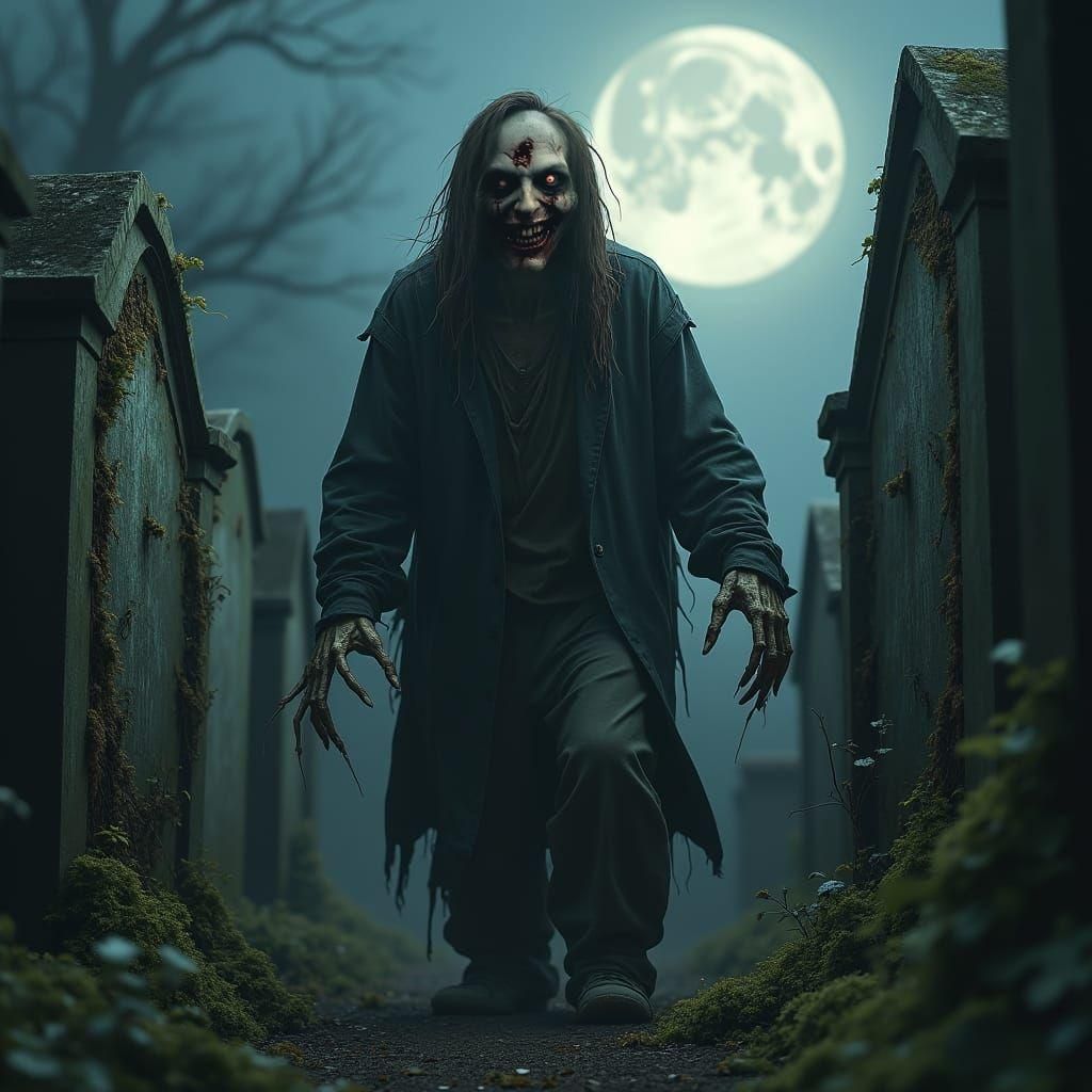 Realistic Bloody Zombie Rising from Cemetery