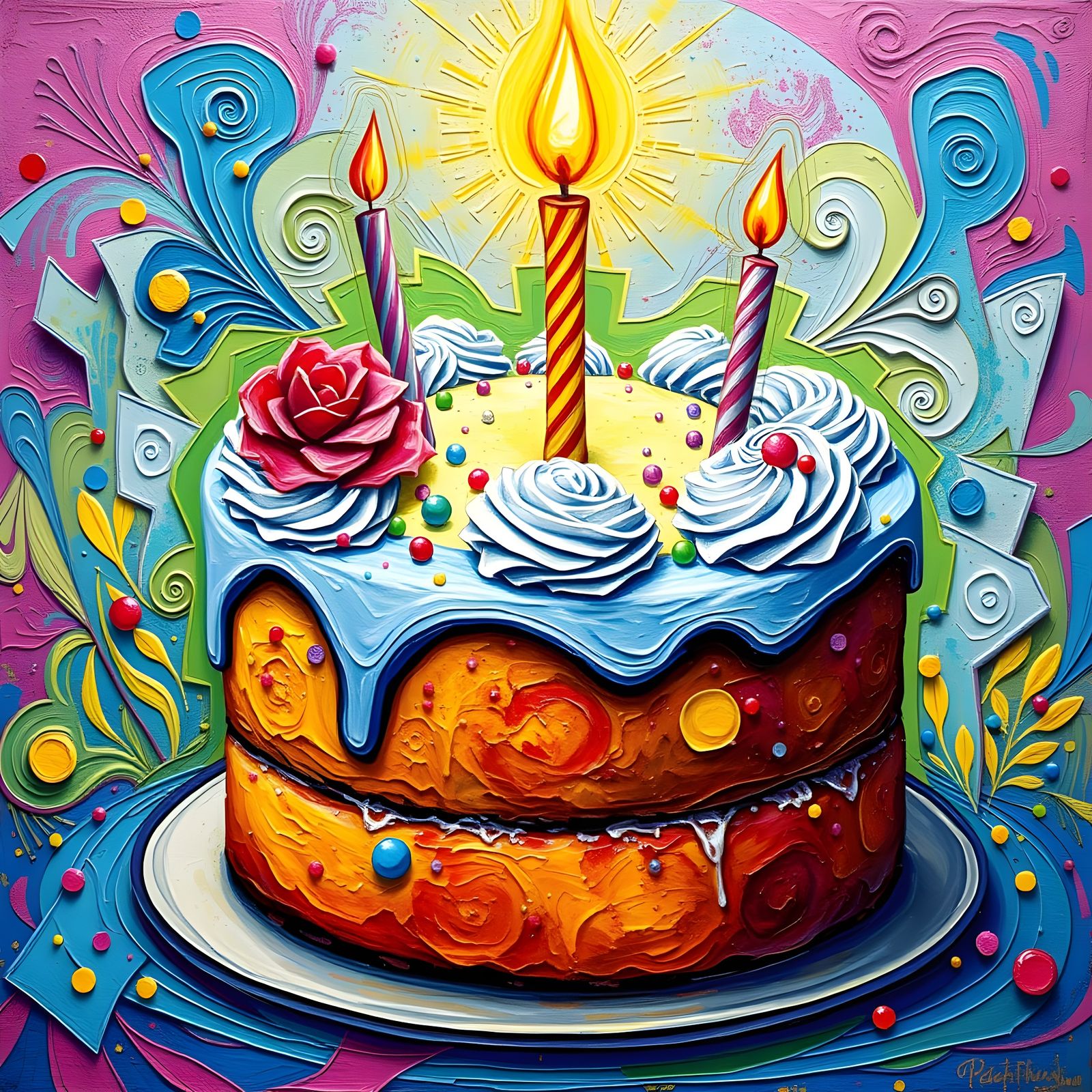 Vibrant Birthday Celebration in Neo-Impressionist Oil Painti...
