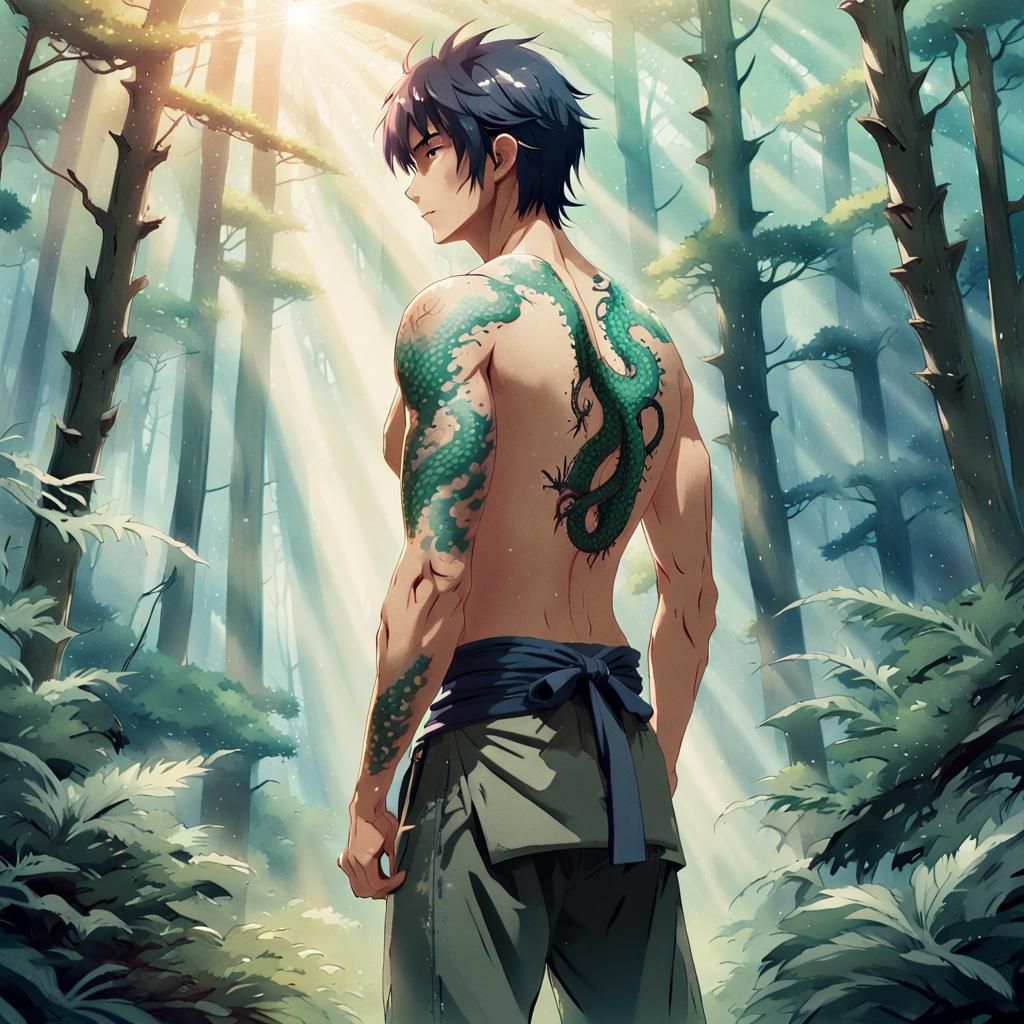 Anime Martial Artist in Forest with Dragon Tattoo