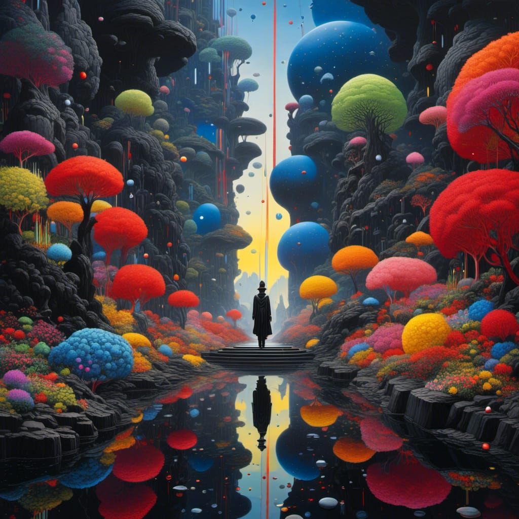 Traveler in Granite Passage with Neon Sparks