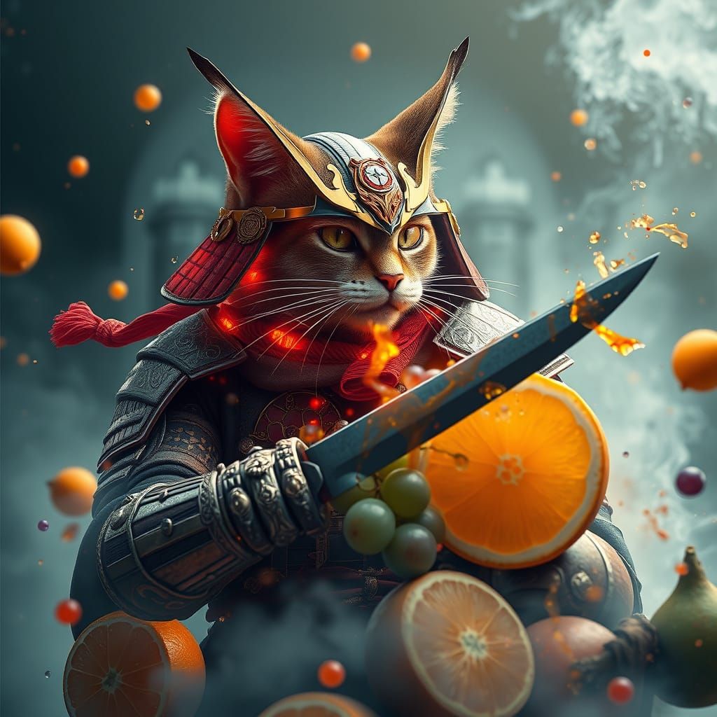 Hyper-Realistic Samurai Cat in Vibrant, Mystical Atmosphere
