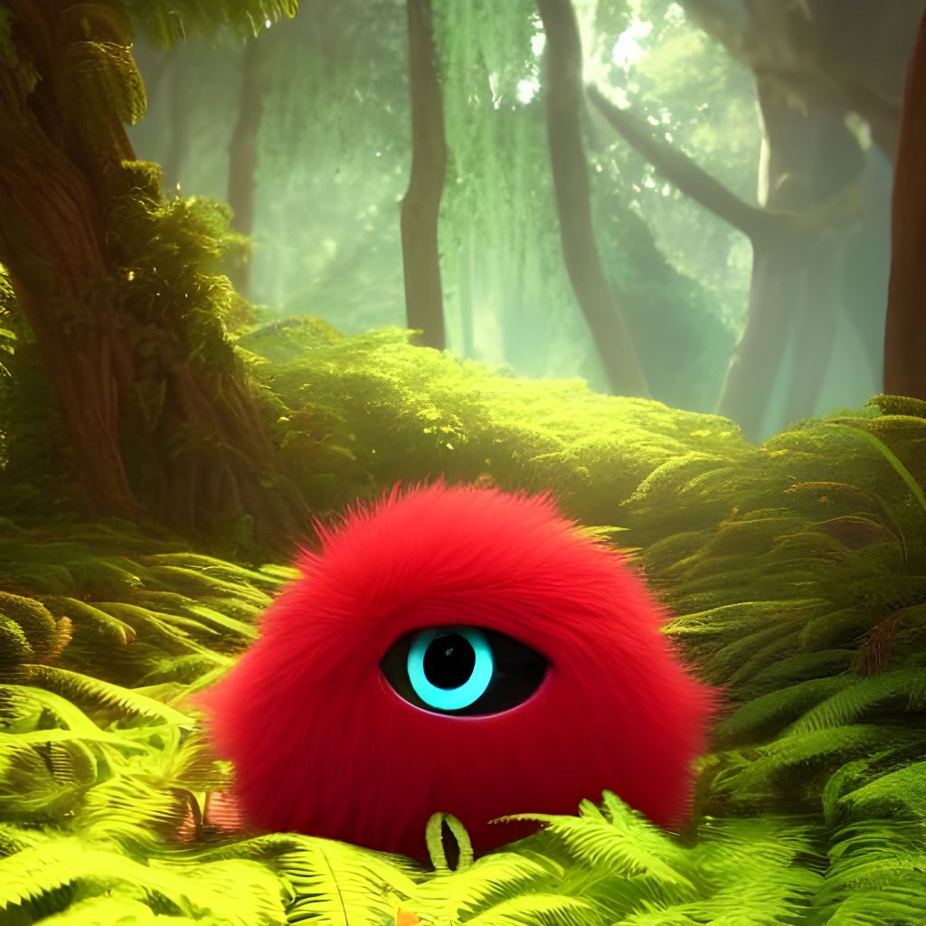 Red Fluffy Creature in Magical Forest