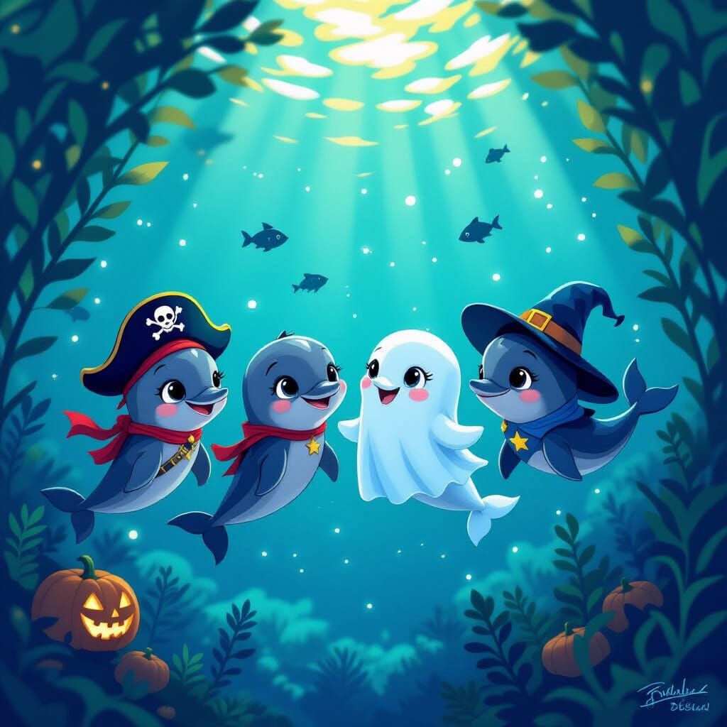 Baby Dolphins in Halloween Costumes Swim at Twilight