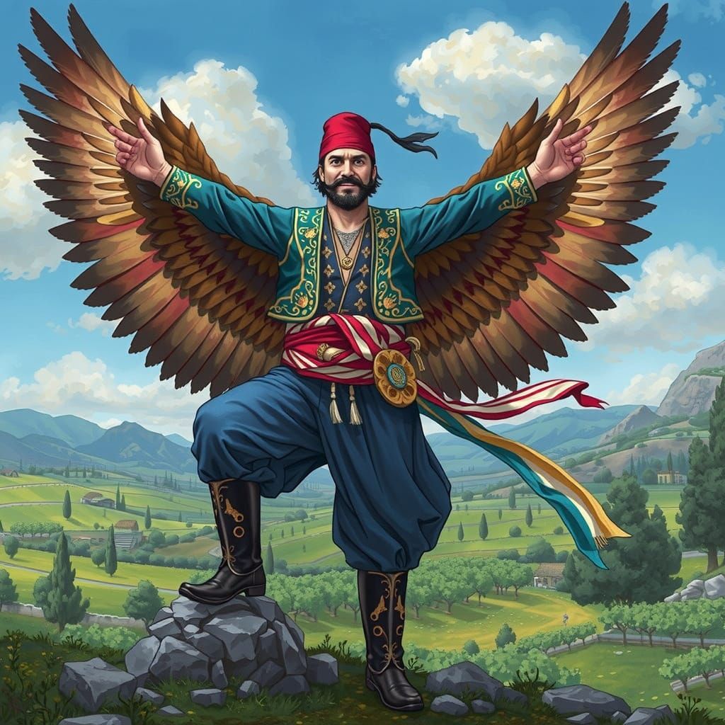 Turkish Zeybek in Majestic Aegean Landscape with Ottoman Min...