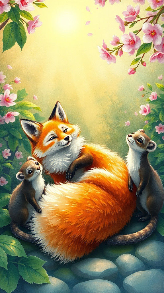 Kitsune Fox Basking in Japanese Garden as Watercolor Art