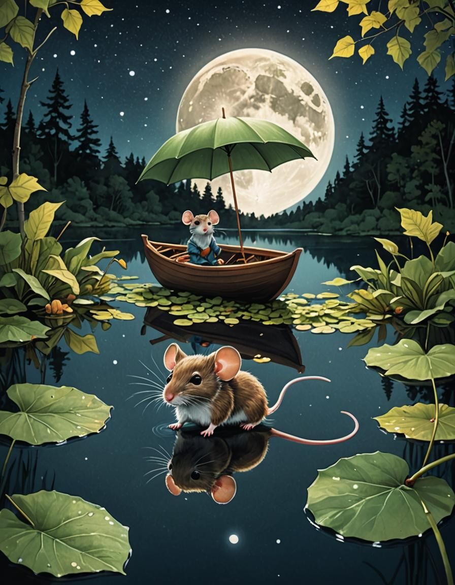 Chibi Mouse in Leaf Boat on Mirror Lake