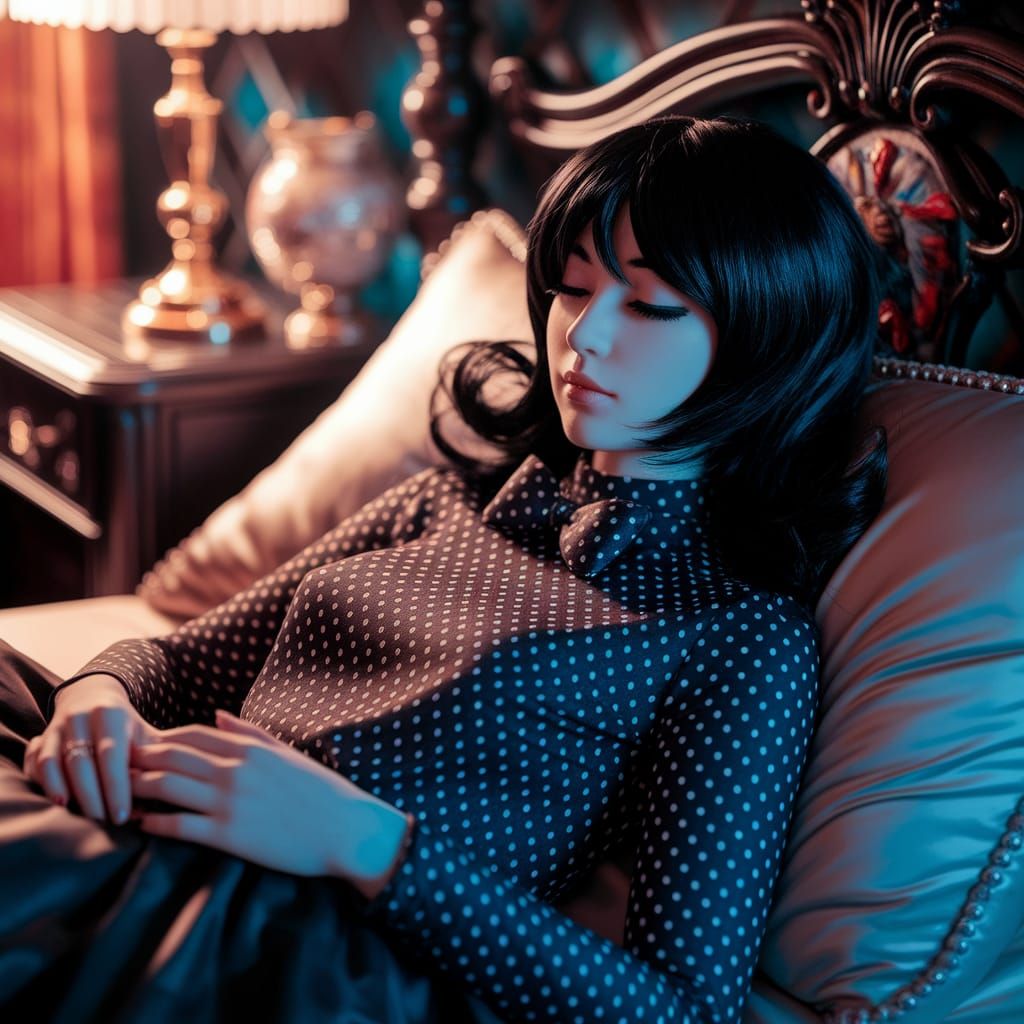 Emo Scene Girl Asleep in Polka Dot Room