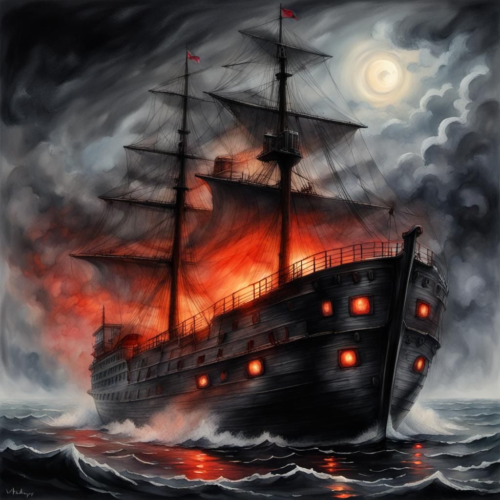Ghost Ship Navigating Stormy Seas: Watercolor and Charcoal