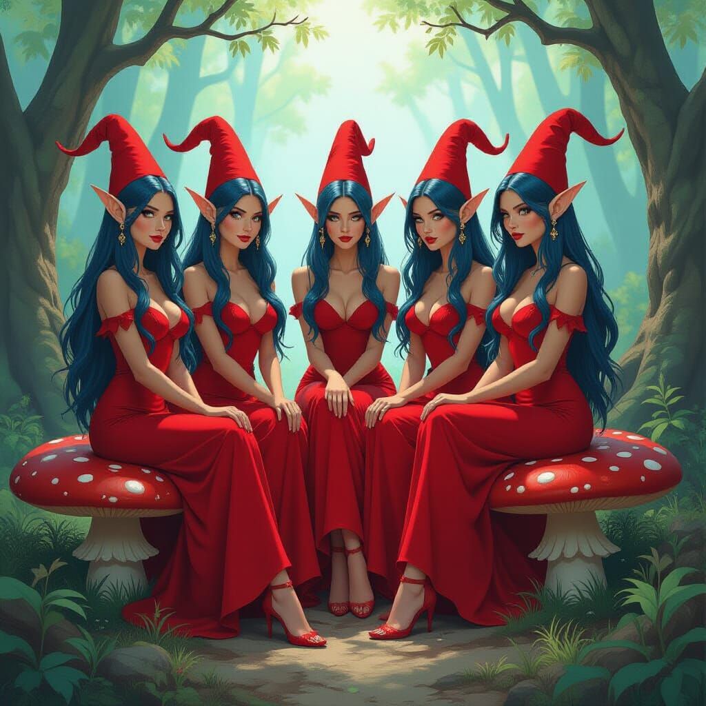Elves in Red Dresses on Giant Mushrooms, Fantasy Art Style