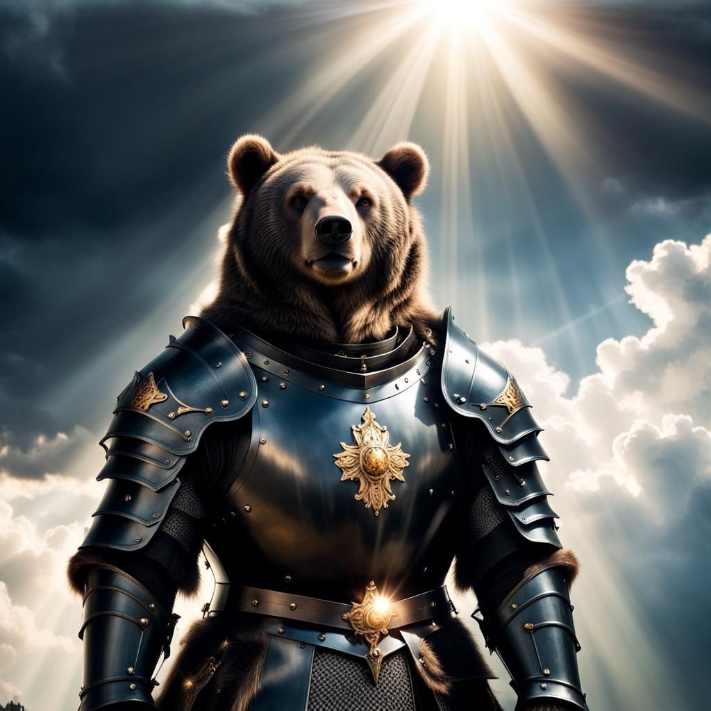 Bear in Black Medieval Armor with Divine Light