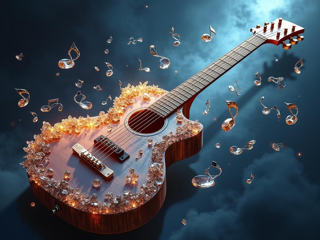 Crystal Music Notes Dance Around Electric Guitar