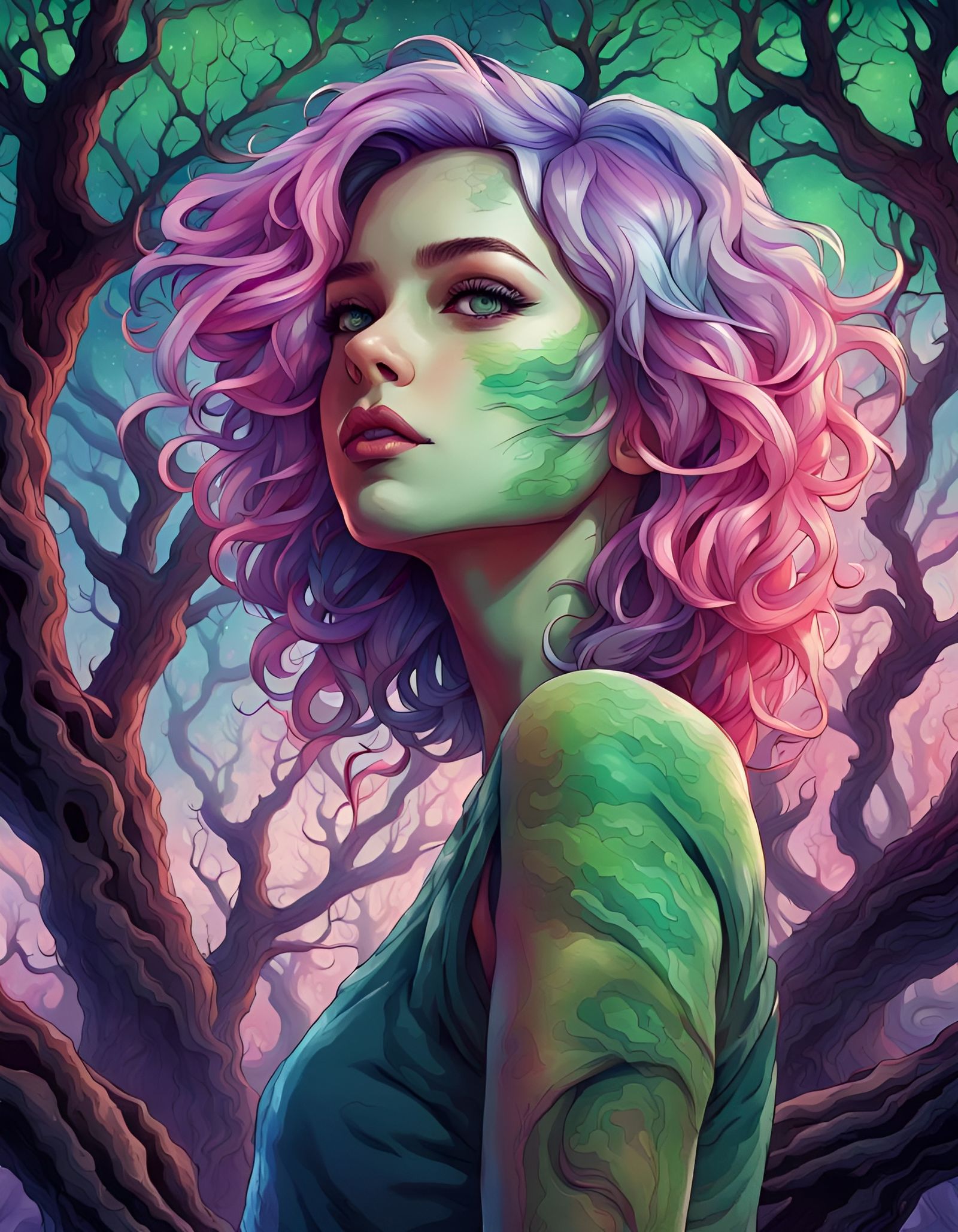 beautiful girl with multicolored hair (green. blue. pink, purple, black. white strands), beautiful eyes and plump lips, ...