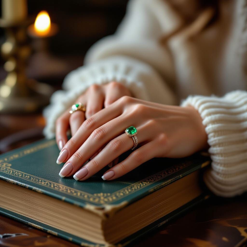 Emerald Ring on Vintage Book: Cinematic Film Still