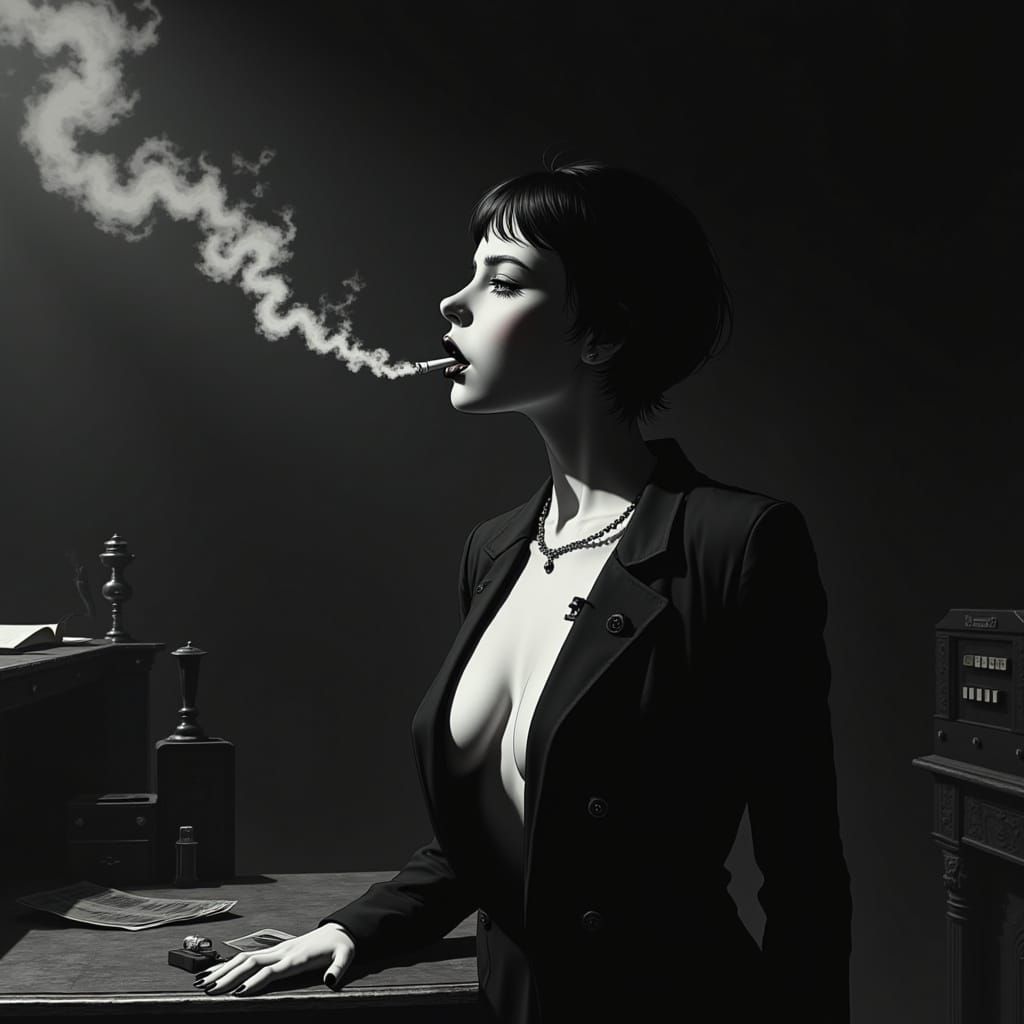 Pinup Poses with Stogie Behind Desk in Glitchcock Style