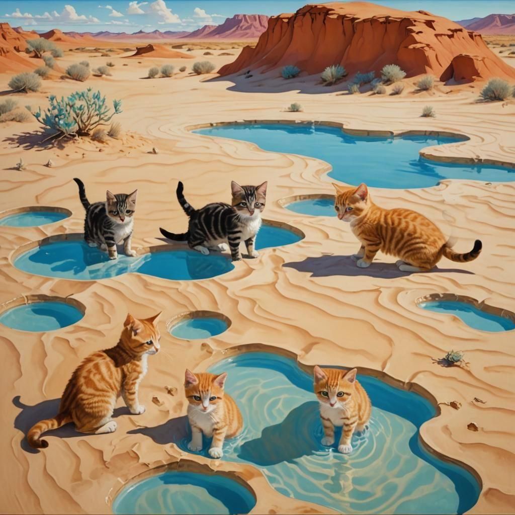 Kittens Drinking in Desert Oasis