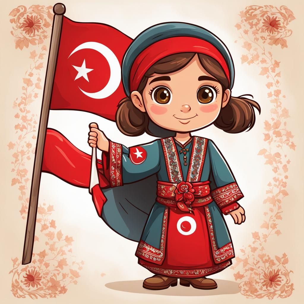 Cartoon Girl in Turkish Dress with Flag