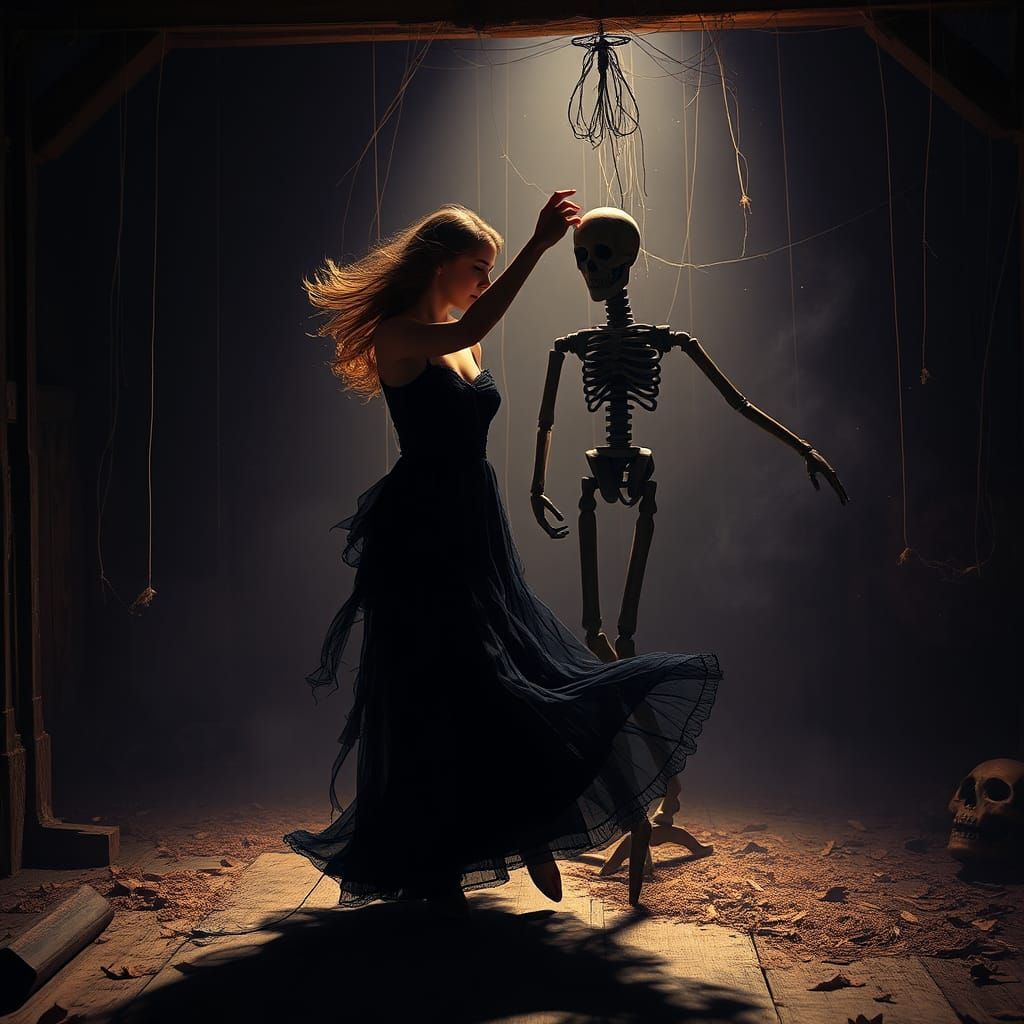 Macabre Waltz: Woman and Mannequin Dance in Attic