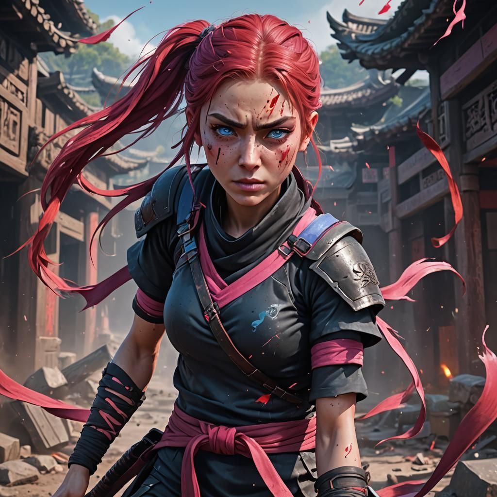 A ninja girl, with deep blue eyes, loose pony tail red pink hair, crying, mental breakdown