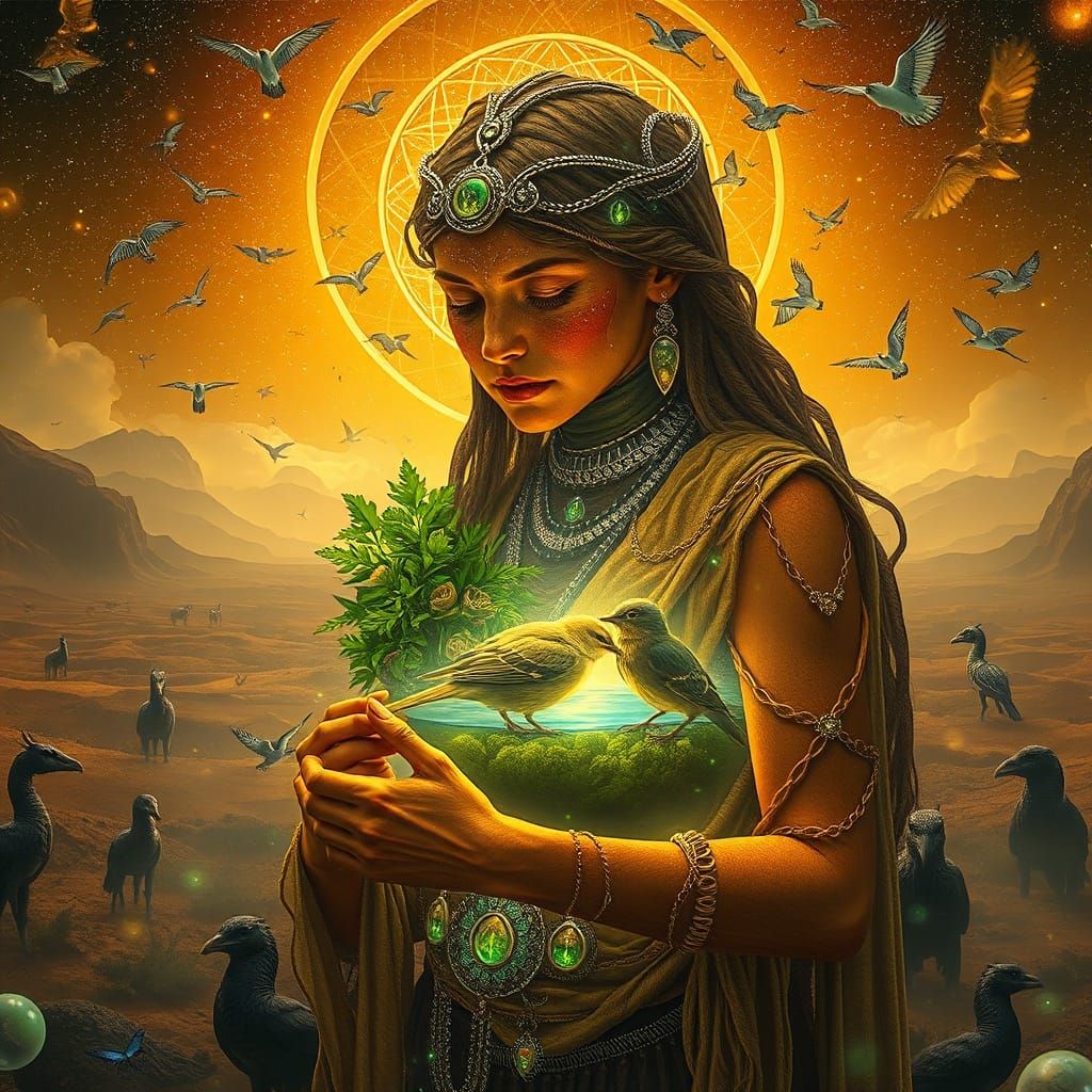 Mystical Shaman With Inner Oasis Under Copper Sky