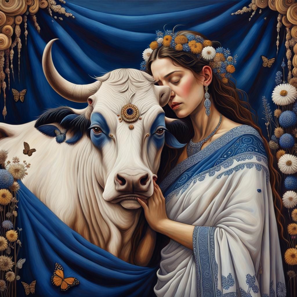 a Sacred Cow, hugged by a woman