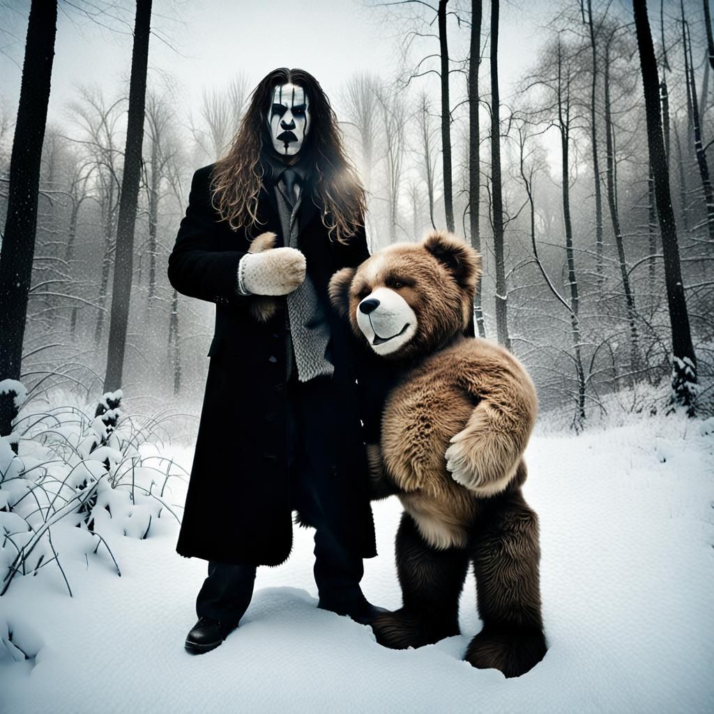Furious Man with Teddy Bear in Snowy Woods