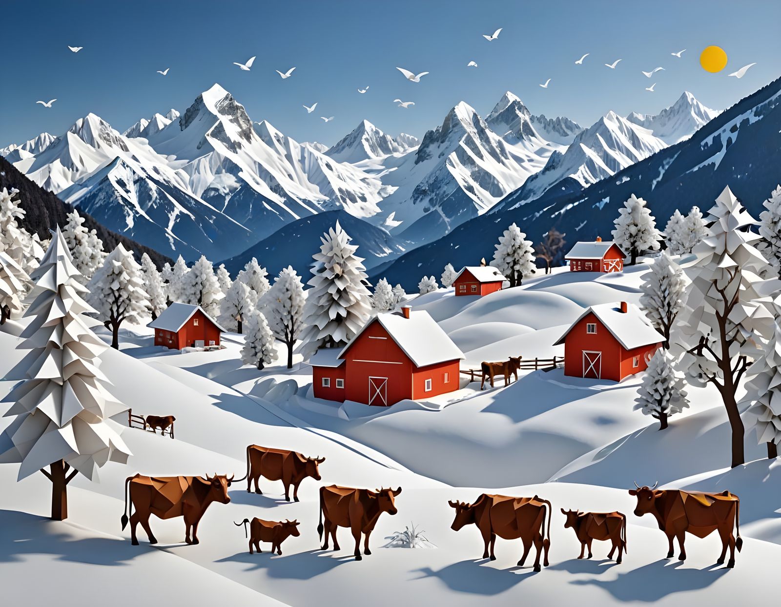 Origami Alpine Farm Scene with Cows in Winter