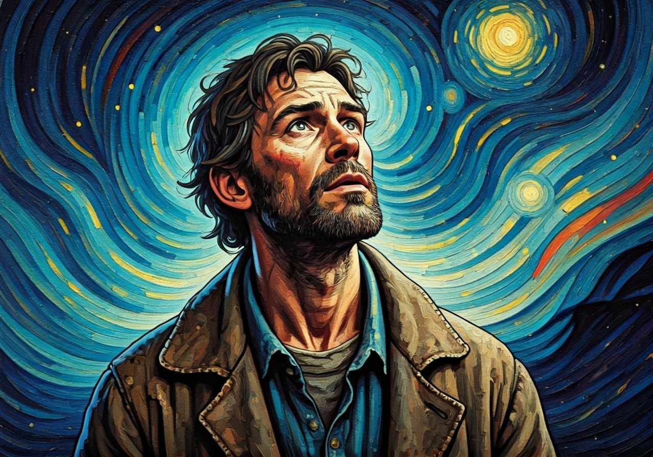 Man Gazing at Celestial Lights, Folk Art Style
