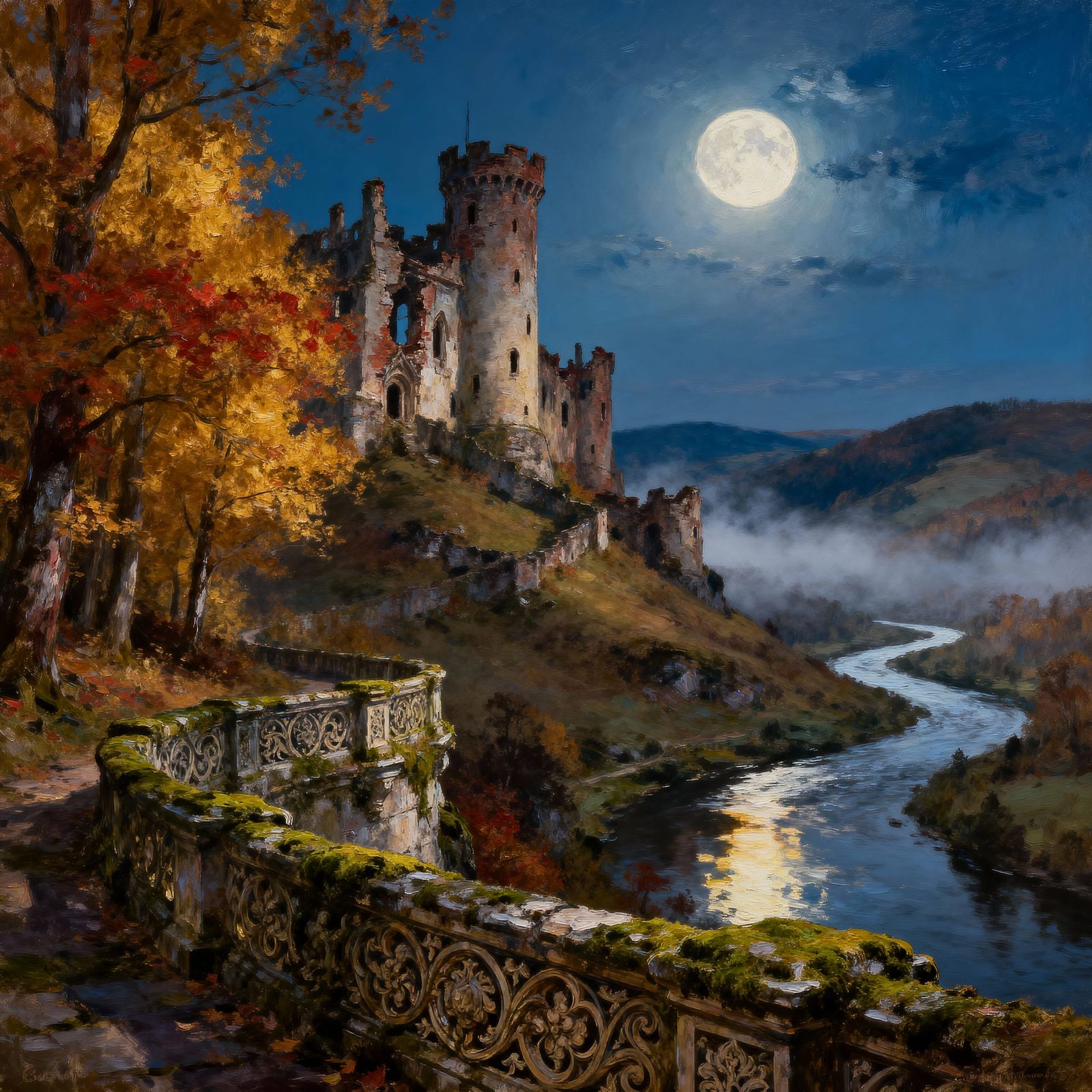 Autumn Castle Ruins in Twilight Forest Oil Painting