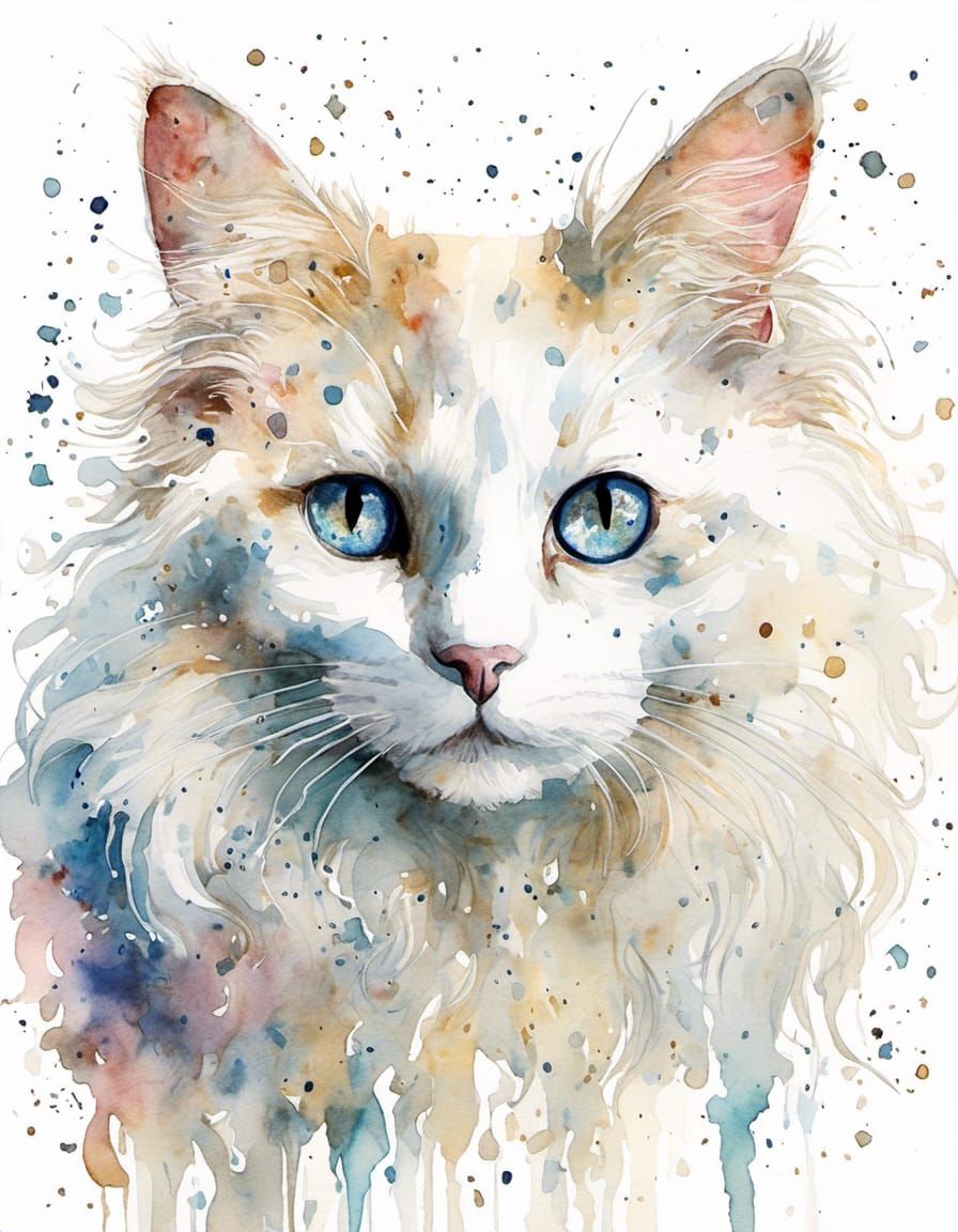 Watercolor Long-Haired Cat with Odd Eyes