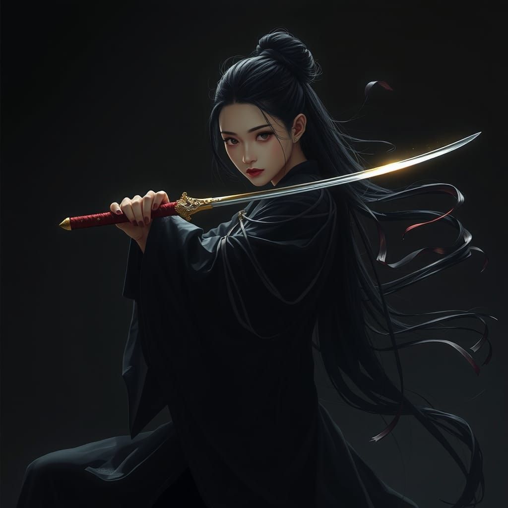 Enigmatic Woman with Sword in High-Contrast Digital Art
