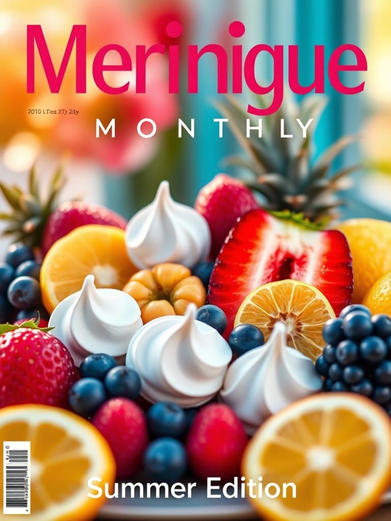 Magazine cover, meringues and fruit - header 'Meringue Monthly ', footer 'Summer Edition '