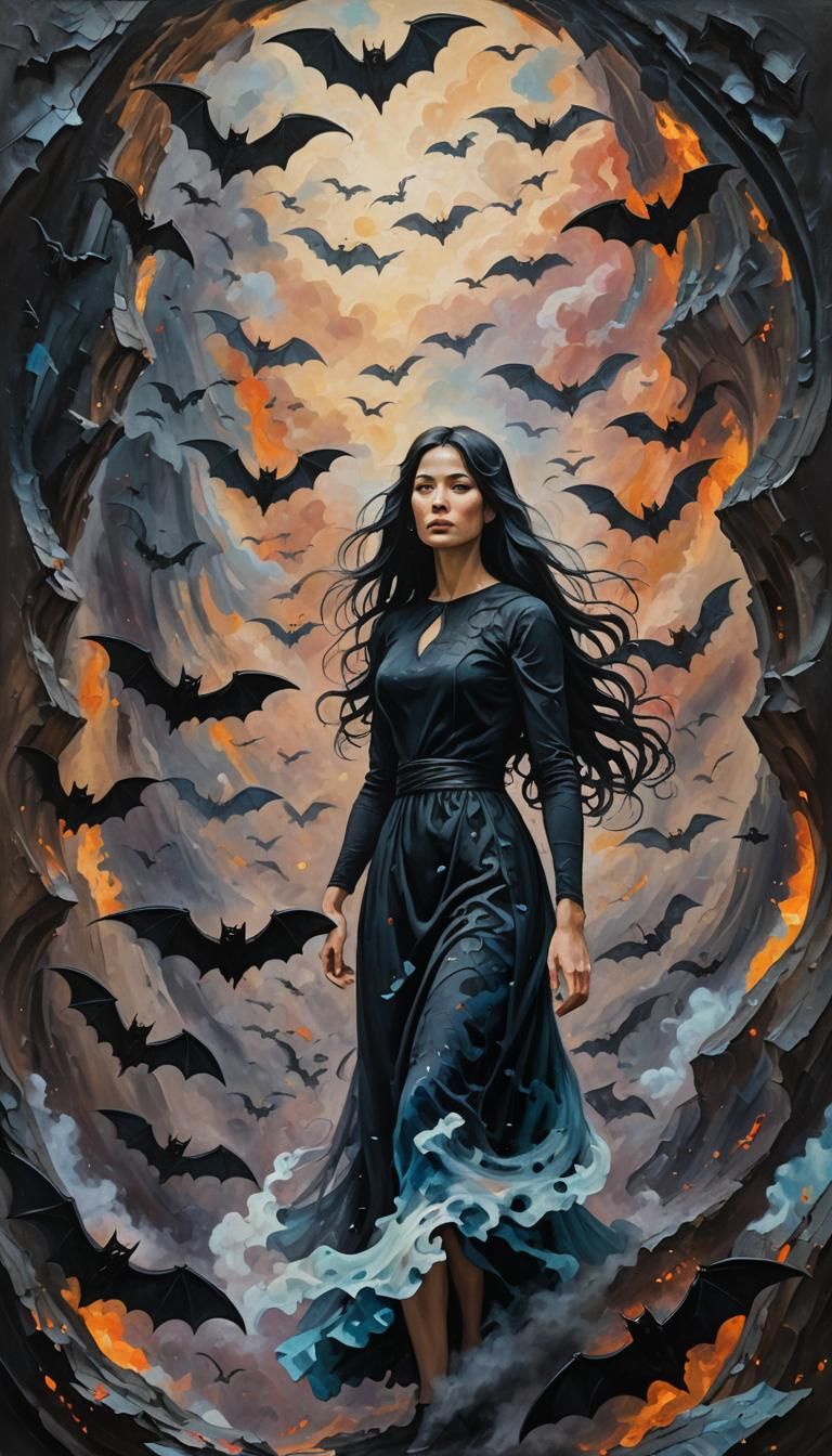 Ethereal Woman in Bat Cave: Expressionist Oil Painting