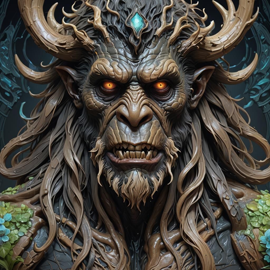 Demonic Porcelain Sasquatch Portrait in Digital Art Style