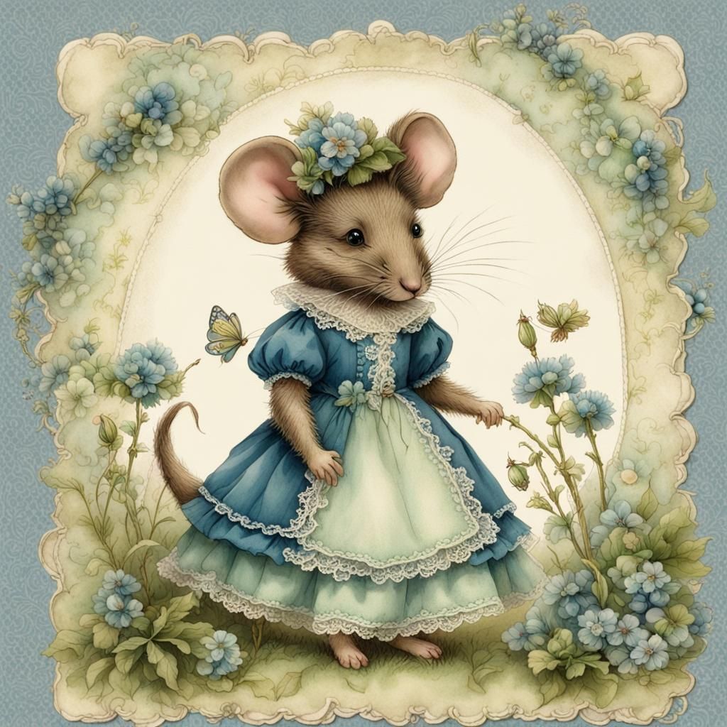 Mouse in Victorian Dress, Watercolor Illustration
