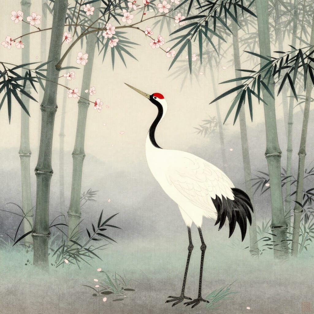 Serene Crane in Misty Bamboo Forest, Japanese Woodblock Styl...