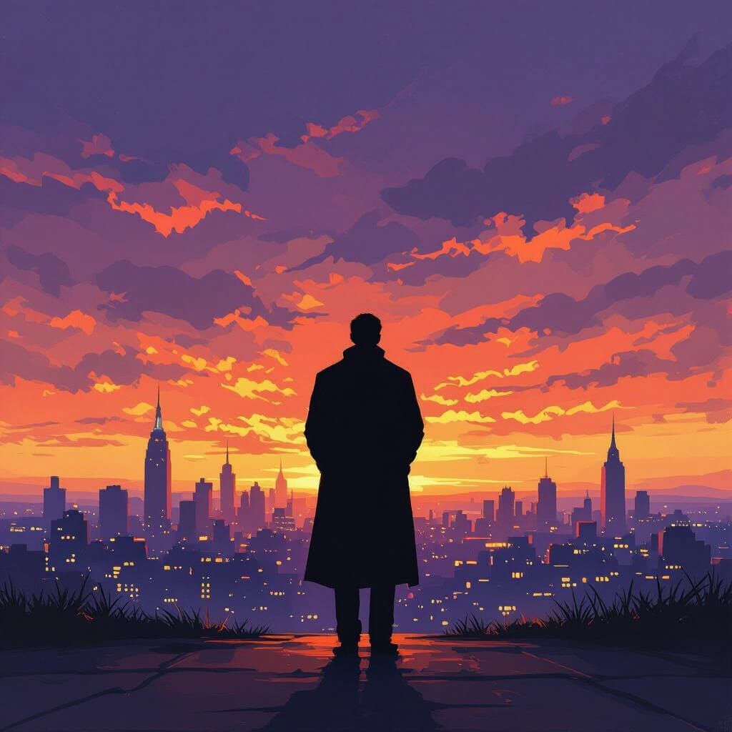 Contemplative Figure Silhouetted Against Vibrant Cityscape