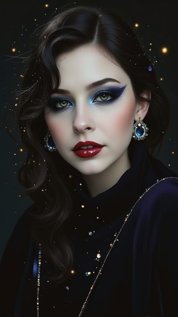 Sapphire Goddess in Opulent Splendor, A Masterpiece in Oil