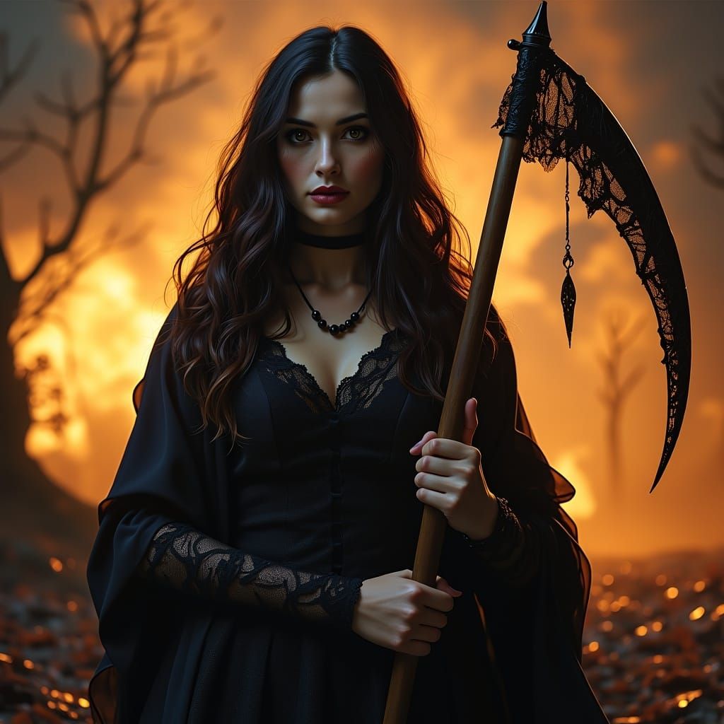 Lace-Adorned Grim Reaper Portrait in Sunset Light